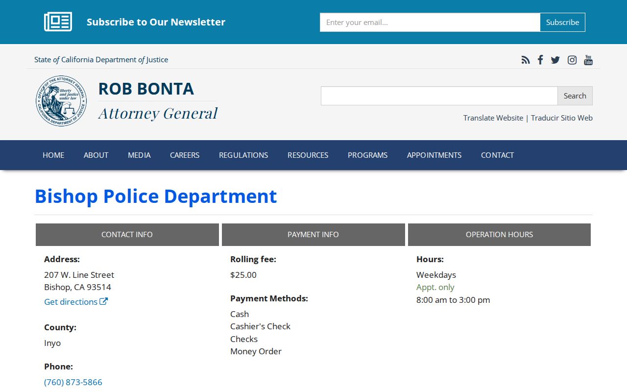 Bishop Police Department official location record for Bishop recent arrests