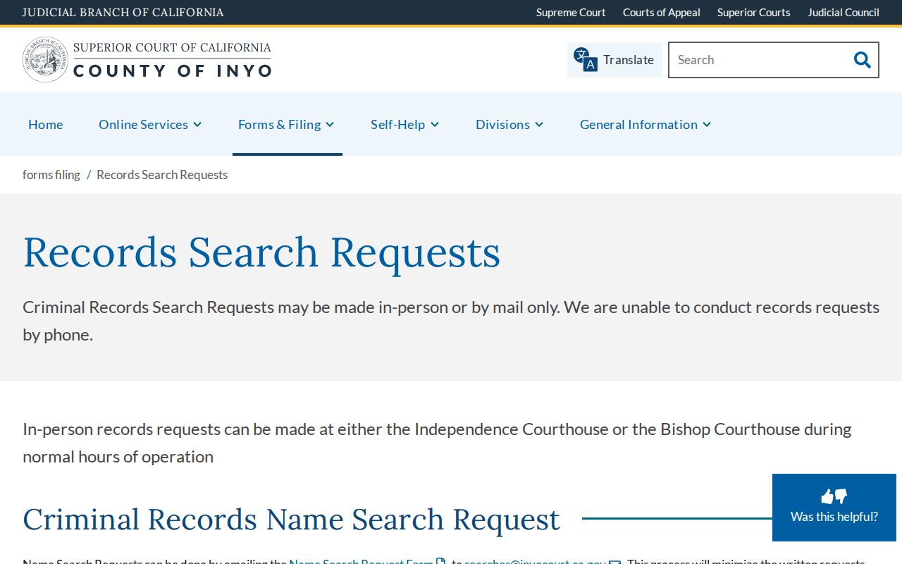 Inyo County arrest court record requests