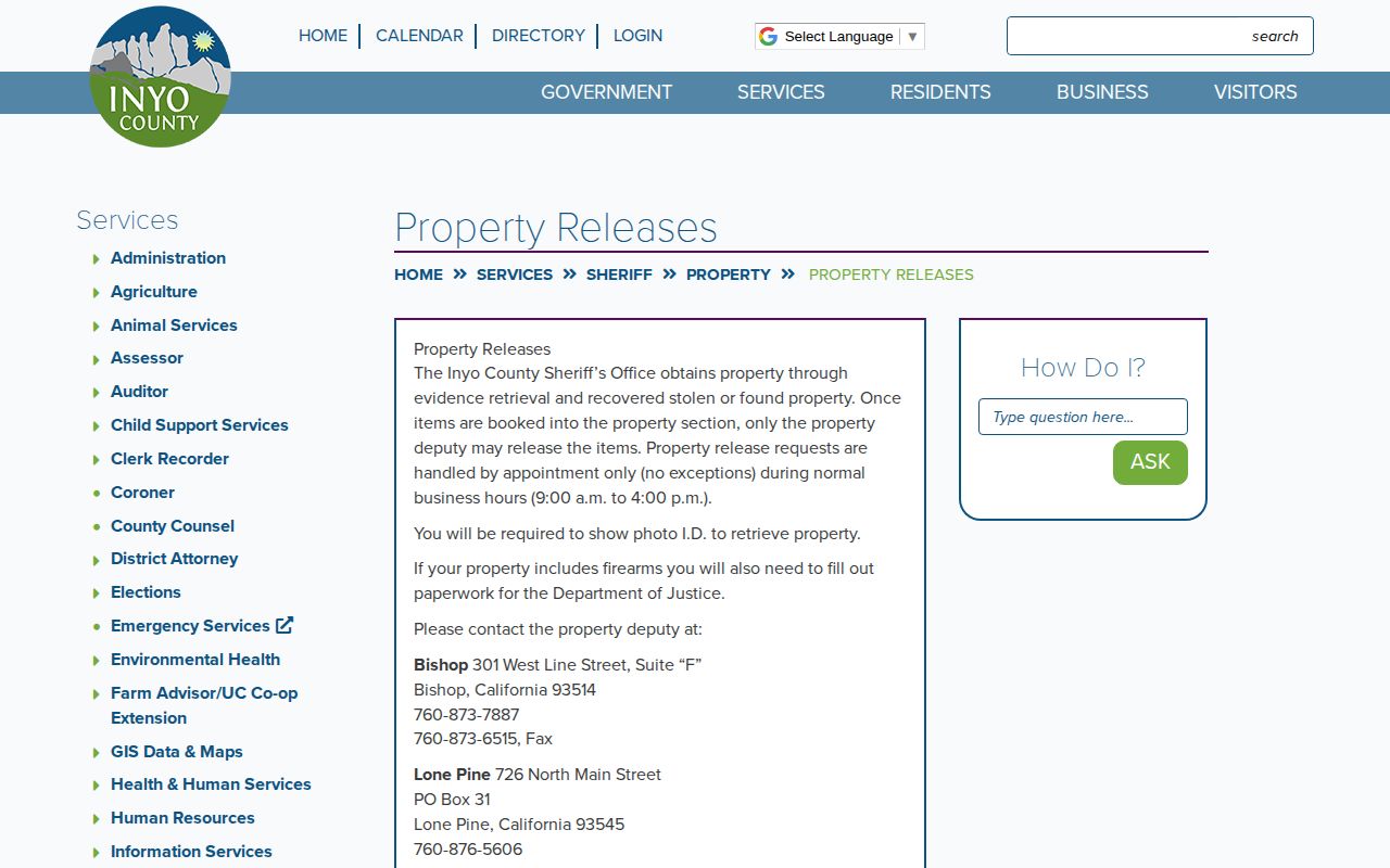 Inyo County Sheriff property release page with local office contacts