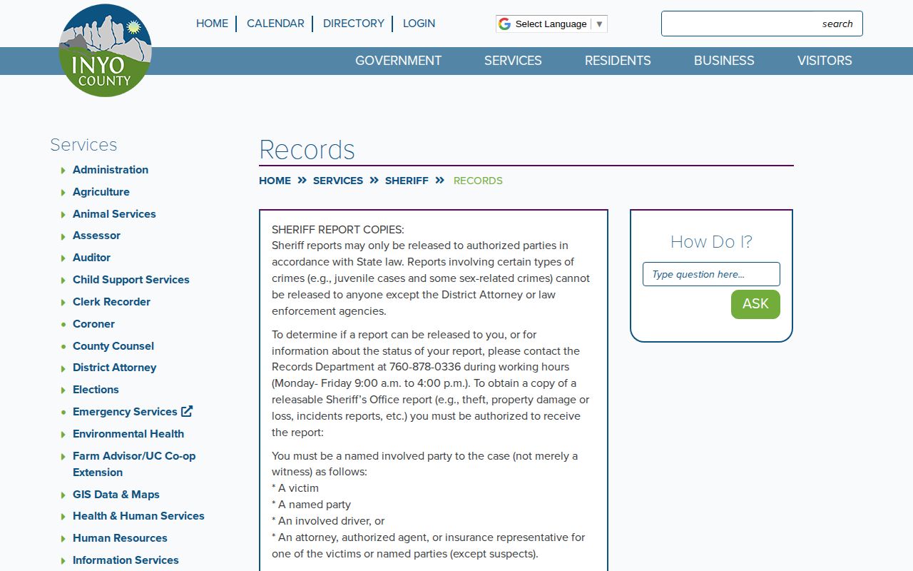 Inyo County Sheriff records and report request webpage