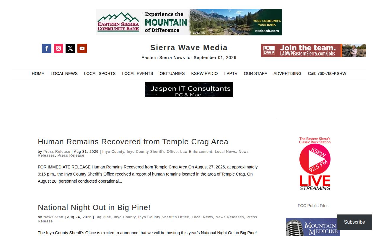 Sierra Wave page covering Inyo County Sheriff news