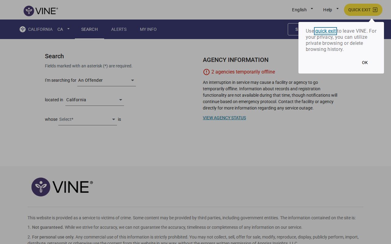 Inyo County VINELink California custody person search screen